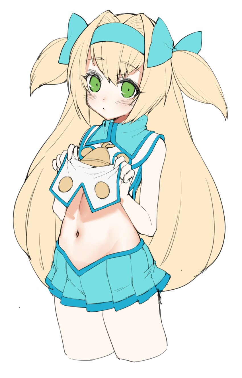 1girl absurdres blazblue blonde_hair blue_hairband blush clothes_lift cowboy_shot flat_chest green_eyes hair_intakes hair_ribbon hairband highres hime_gyo long_hair looking_at_viewer midriff navel platinum_the_trinity ribbon shirt_lift short_sleeves simple_background skirt solo thighs twintails white_background