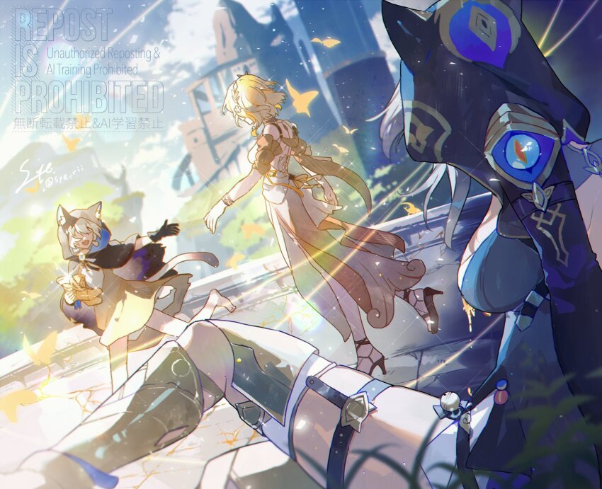 2girls aglaea_(honkai:_star_rail) animal_ears animal_hood belt black_hood black_leotard blonde_hair blue_sky boots breasts bug butterfly cat_ears cat_girl cat_hood cat_tail cipher_(honkai:_star_rail) commentary_request dress gold_boots grey_hair high_heels honkai:_star_rail honkai_(series) hood insect laurel_crown leotard lying medium_breasts multiple_girls outdoors short_hair short_hair_with_long_locks sky syerii tail thigh_belt thigh_strap thighs white_dress