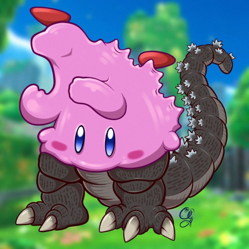 artist_logo blue_eyes blurry blurry_background claws colored_skin commentary crossover english_commentary godzilla godzilla_(series) highres kaiju kirby kirby_(series) kirby_and_the_forgotten_land logo nintendo pink_skin seaguns solid_oval_eyes spines tail toho