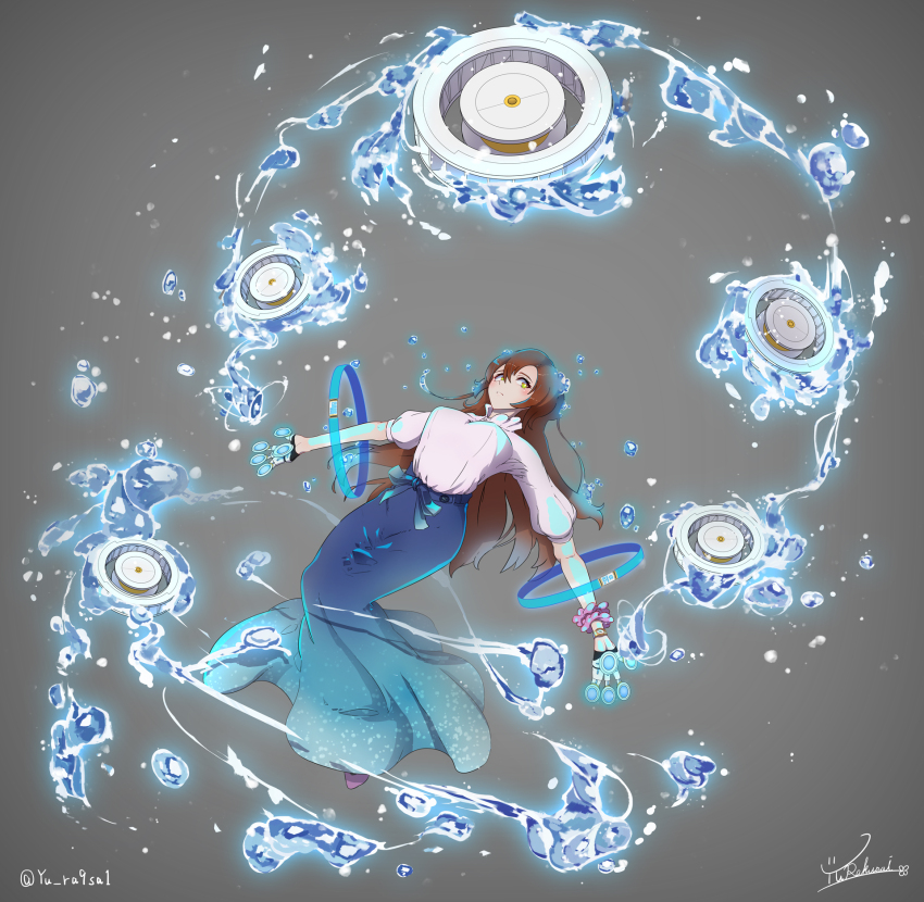anime_coloring armlet blue_skirt breasts brown_hair collared_shirt double-parted_bangs fanged_bangs floating gloves green_eyes highres jewelry large_breasts long_hair long_skirt machinery monster_girl multicolored_eyes original puffy_short_sleeves puffy_sleeves purple_footwear shirt short_sleeves signature simple_background skirt slime_girl twitter_username very_long_hair water water_drop yellow_eyes yurakusai