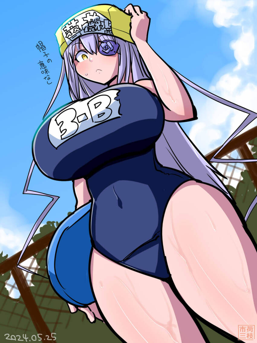 1girl alternate_breast_size alternate_costume barasuishou blue_one-piece_swimsuit blue_sky blush bodyboard breasts chain-link_fence closed_mouth cloud commentary_request covered_navel cowboy_shot dated day dutch_angle fence flower flower_eyepatch hair_between_eyes highres itini-sanshi large_breasts long_hair looking_at_viewer one-piece_swimsuit outdoors purple_flower purple_hair purple_rose rose rozen_maiden school_swimsuit sky solo swim_cap swimsuit very_long_hair yellow_eyes