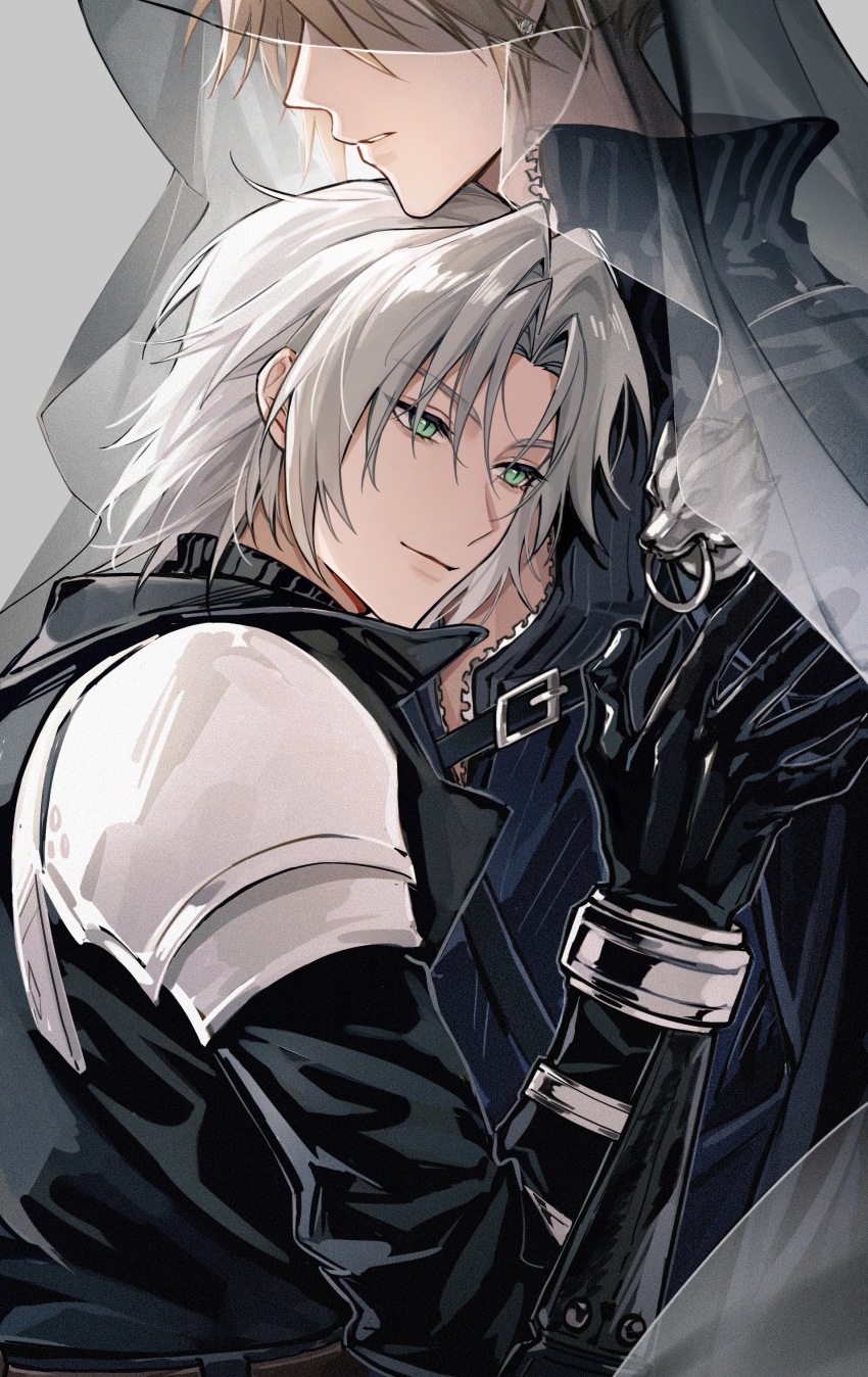 2boys absurdres age_switch aged_down aged_up armor belt black_gloves blonde_hair brooch chest_belt chin_rest closed_mouth cloud_strife curtained_hair earrings eyelashes final_fantasy final_fantasy_vii final_fantasy_vii_advent_children final_fantasy_vii_ever_crisis gloves green_eyes grey_hair hand_on_another&#039;s_chest head_on_head head_rest highres holding jewelry male_focus multiple_belts multiple_boys parted_bangs parted_lips see-through_clothes see-through_veil sephiroth sephiroth_(ever_crisis) shirt short_hair shoulder_armor single_earring single_shoulder_pad slit_pupils smile turtleneck veil xiluo0207 yaoi zipper