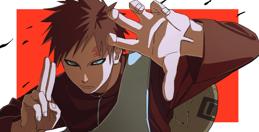 1boy absurdres blue_eyes border closed_mouth gaara_(naruto) gourd highres long_sleeves looking_at_viewer male_focus naruto_(series) naruto_shippuuden outside_border pnpk_1013 red_background red_hair shirt solo upper_body white_border