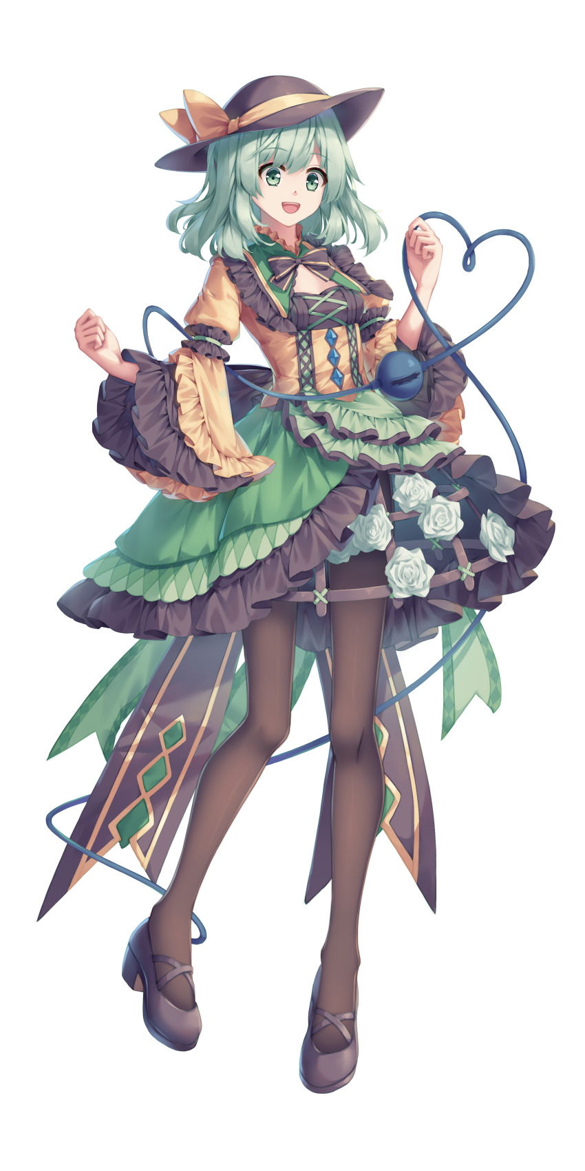 1girl :d absurdres black_bow black_bowtie black_hat black_pantyhose black_shoes bow bowtie breasts cleavage commentary_request flower frilled_shirt_collar frilled_skirt frilled_sleeves frills full_body green_eyes green_flower green_rose green_skirt grey_hair hands_up hat hat_bow heart heart_of_string highres komeiji_koishi long_sleeves looking_at_viewer mechrailgun medium_hair open_mouth pantyhose rose shirt shoes skirt small_breasts smile solo teeth touhou upper_teeth_only wide_sleeves yellow_bow yellow_shirt