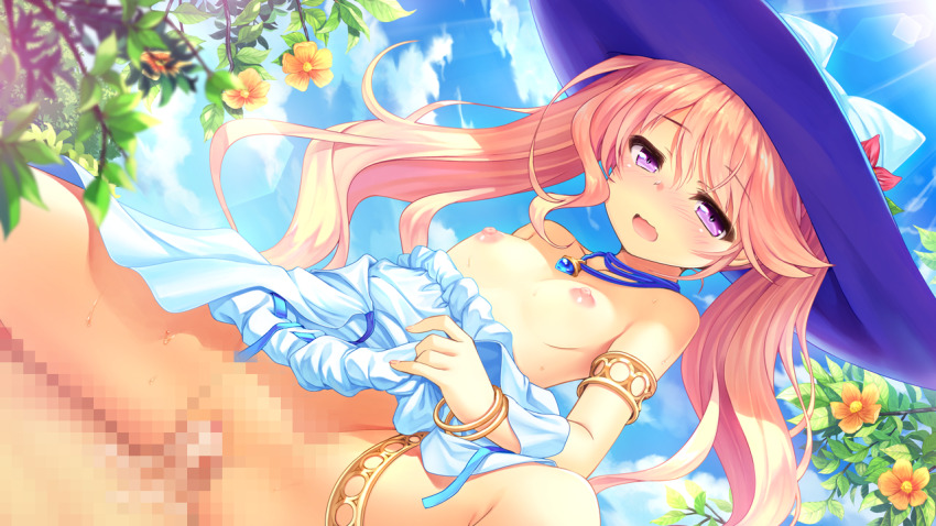 1boy 1girl after_vaginal armlet bekkankou blonde_hair blush bracelet breasts censored clothes_lift clothes_pull cloud cowgirl_position cum cum_in_pussy dress dress_lift dress_pull dutch_angle flower game_cg girl_on_top hat hetero iris_mysteria! jewelry ladis_(iris_mysteria!) long_hair mosaic_censoring necklace nipples official_art open_mouth outdoors penis purple_eyes sex sky small_breasts solo_focus spread_legs straddling sweat thighlet twintails vaginal white_dress yellow_flower