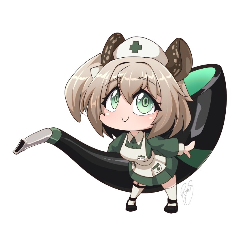 1girl absurdres apron breasts brown_hair c: chibi chibi_only closed_mouth collared_dress commentary dress english_commentary green_dress green_eyes highres holding holding_smoking_pipe indie_virtual_youtuber large_breasts long_sleeves maid_apron medium_hair nimi_nightmare one_side_up oversized_object ryou_sakai short_dress simple_background smile smoking_pipe solo tapir_girl thighhighs virtual_youtuber white_apron white_background white_thighhighs