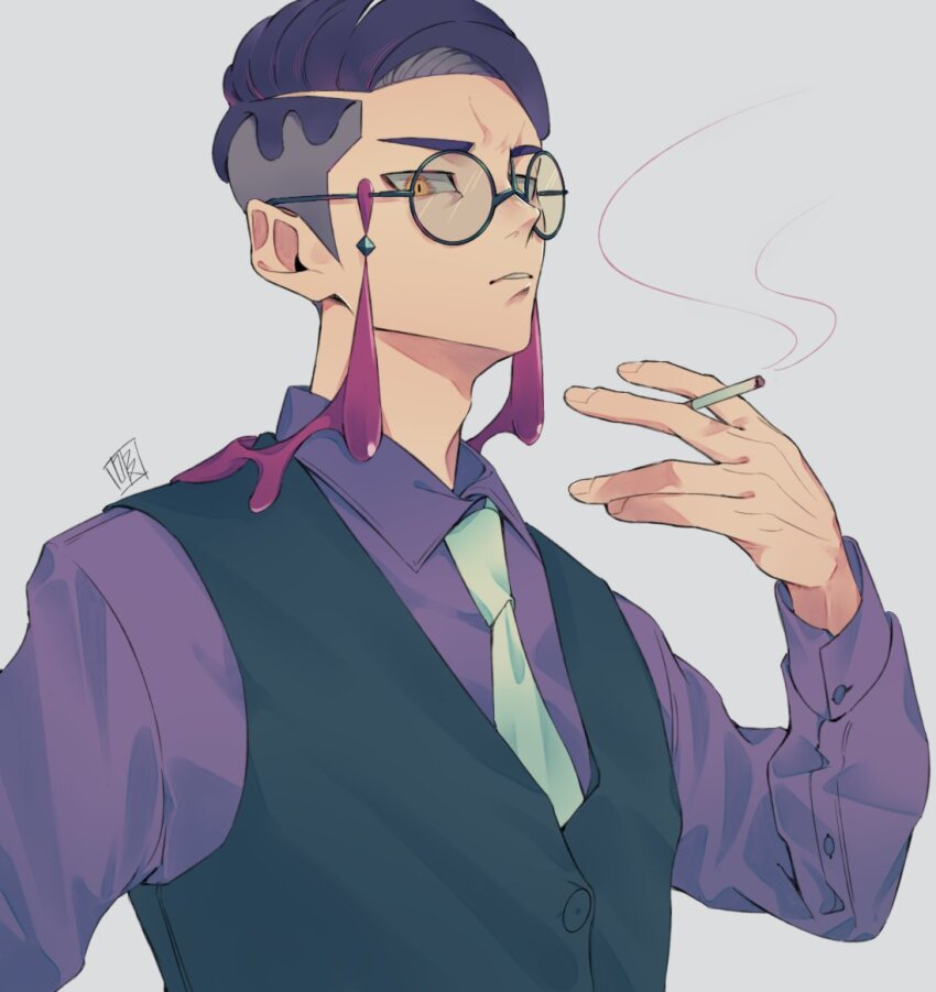 1boy arm_up black-framed_eyewear black_vest buttoned_cuffs buttons cigarette collared_shirt commentary_request corbeau_(pokemon) glasses grey_background holding holding_cigarette long_sleeves looking_at_viewer male_focus necktie nintendo omaega_osi parted_hair parted_lips pokemon pokemon_legends:_z-a purple_hair purple_shirt round_eyewear shirt short_hair simple_background smoke smoke_trail solo tassel teeth undercut upper_body vest white_necktie wing_collar yellow_eyes
