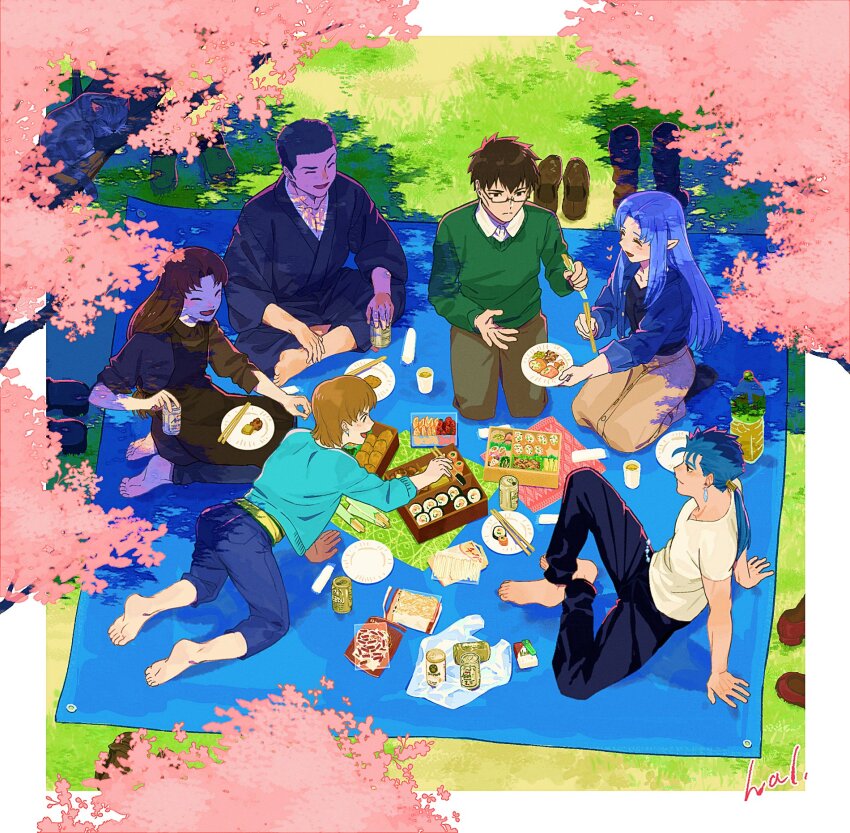 3boys 3girls beer_can black_hair black_pants blue_hair blue_jacket blush brown_hair brown_pants brown_skirt can character_request cherry_blossoms chopsticks circle_formation closed_eyes closed_mouth collarbone crew_cut cu_chulainn_(casual_wear)_(fate) cu_chulainn_(fate) drink_can earrings eating fate/stay_night fate_(series) food frown fruit fujimura_taiga glasses green_sweater green_tea hal_(haaaalhal) heart highres holding holding_chopsticks holding_plate hotaruzuka_otoko jacket japanese_clothes jewelry kuzuki_souichirou medea_(caster)_(fate) medea_(fate) multiple_boys multiple_girls open_mouth orange_(fruit) orange_slice outdoors pants pectoral_cleavage pectorals picnic plate pointy_ears ponytail signature skirt spring_(season) strawberry sushi sweater tea unworn_footwear