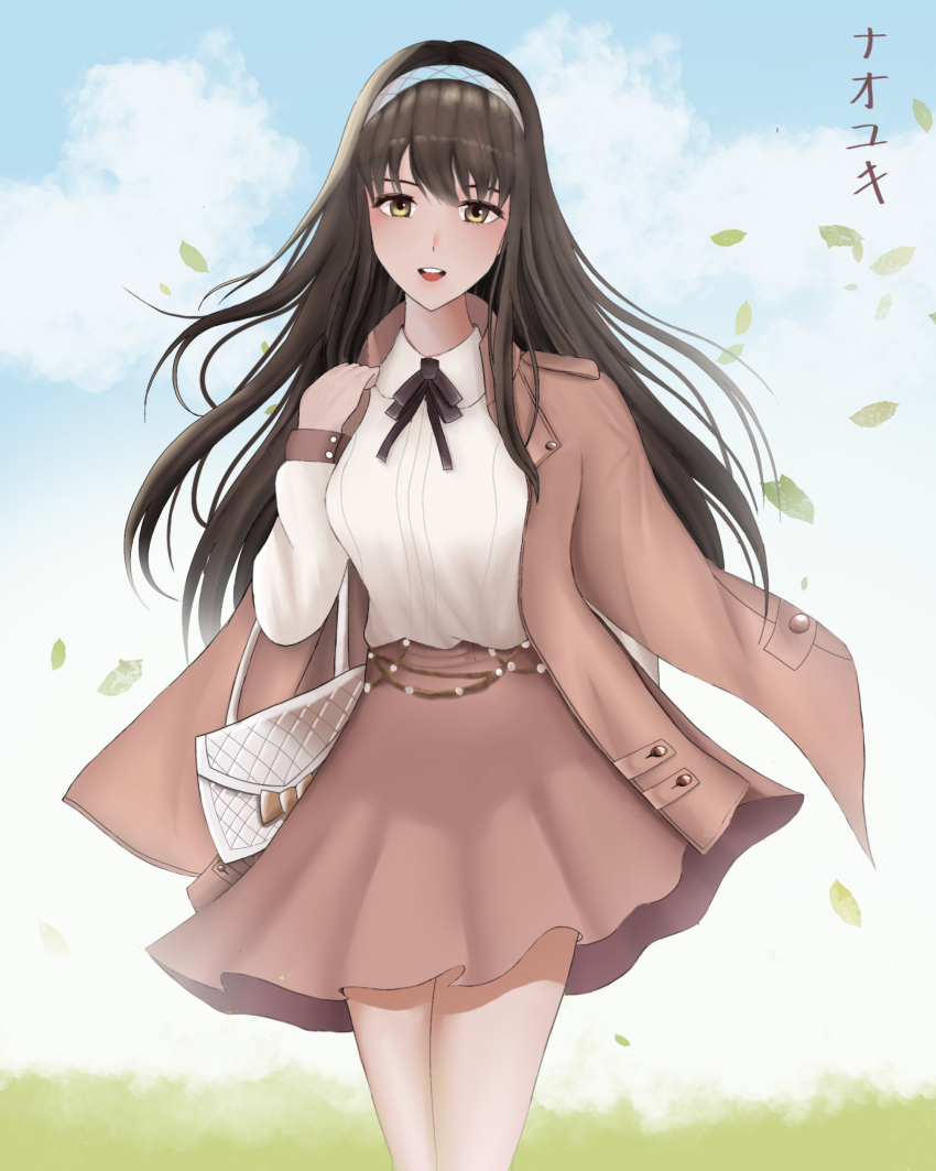 1girl absurdres blush breasts brown_skirt collared_shirt diesel_(nikke) diesel_(strawberry_flower)_(nikke) floating_hair goddess_of_victory:_nikke hairband high-waist_skirt highres large_breasts long_hair long_sleeves looking_at_viewer official_alternate_costume open_mouth ribbon shirt skirt smile solo user_cjfe5558 white_hairband white_shirt