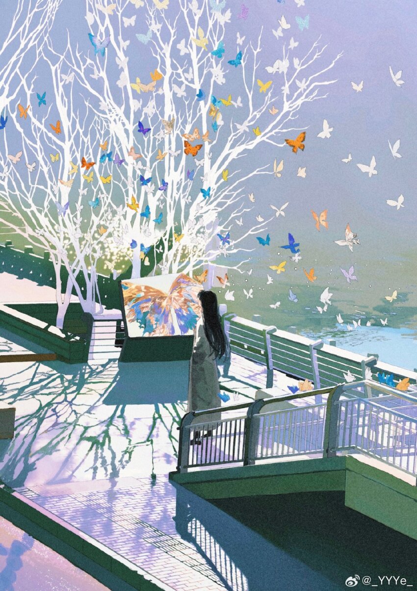 1girl bare_tree black_hair black_shoes blue_butterfly blue_sky bridge bug butterfly chinese_commentary coat commentary_request day easel from_behind full_body grey_coat hands_in_pockets highres insect long_hair long_sleeves orange_butterfly original outdoors painting_(object) purple_butterfly railing river shoes sky solo standing straight_hair tree watermark weibo_watermark white_butterfly ye_(ran_chiiipye) yellow_butterfly