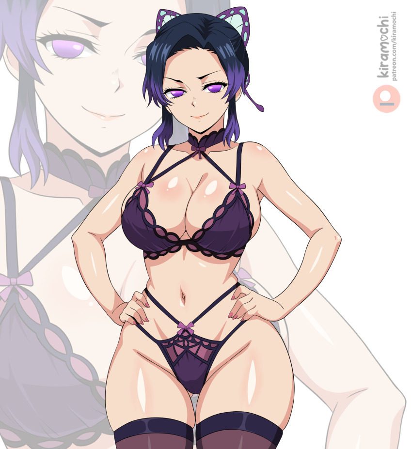 1girl black_hair breasts butterfly_hair_ornament hair_ornament hands_on_own_hips kimetsu_no_yaiba kiramochi kochou_shinobu lingerie purple_eyes underwear wide_hips
