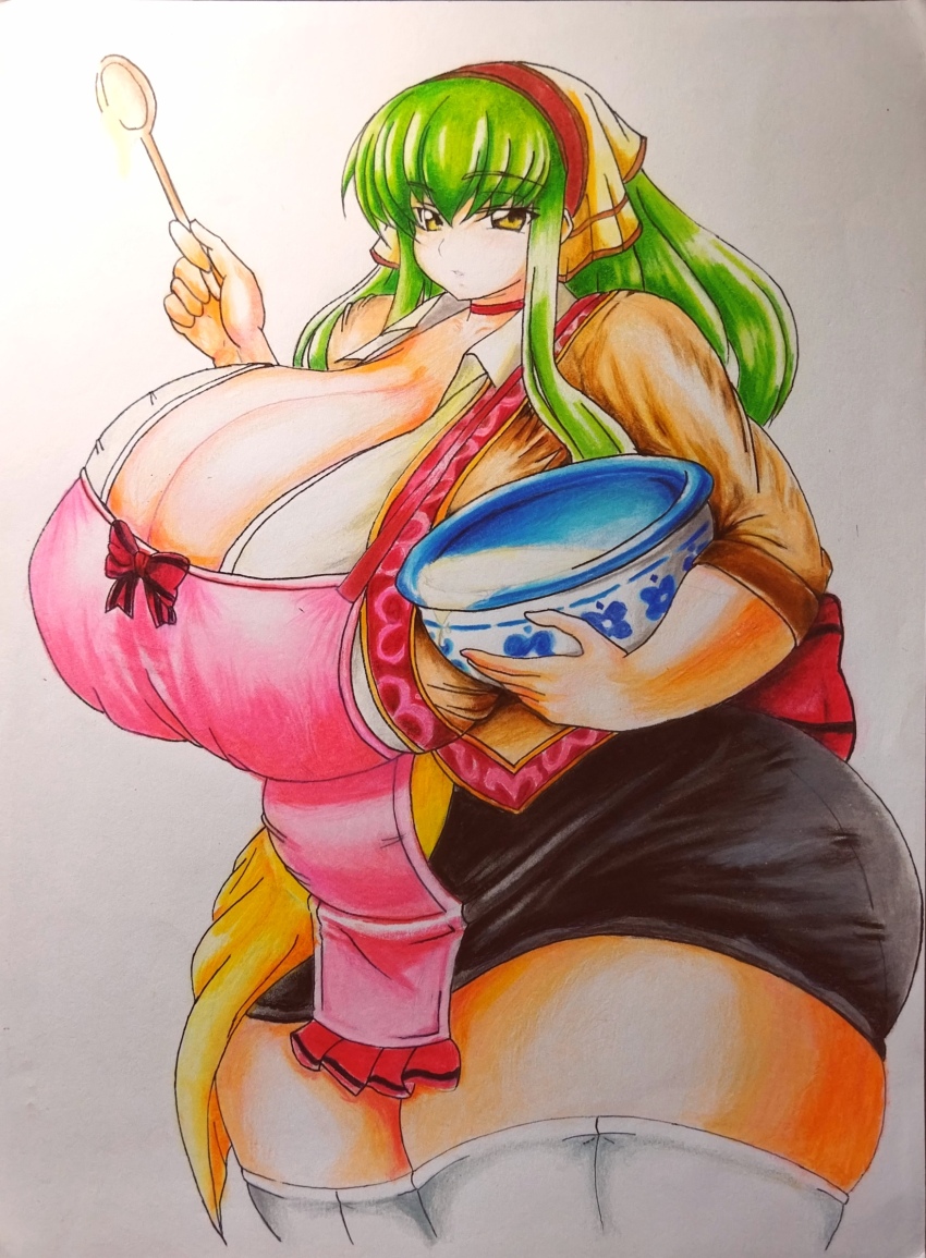 1girl alternate_breast_size ass ass_expansion baking breasts c.c. cleavage code code_geass code_geass:_fukkatsu_no_lelouch fat gigantic_breasts green_hair highres huge_ass huge_breasts long_hair official_alternate_costume official_alternate_hairstyle parted_lips plump solo thick_thighs thighs weight_gain yellow_eyes
