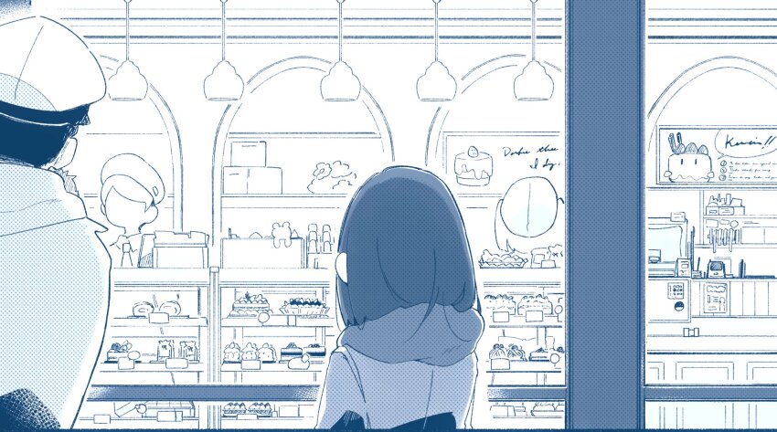 1boy 1girl 2others admiral_(kancolle) bakery blue_theme cake ceiling_light commentary_request faceless food fubuki_(kancolle) hair_down hat highres hood hood_down hooded_jacket jacket kantai_collection ma_rukan medium_hair monochrome multiple_others official_alternate_hairstyle pastry peaked_cap shelf shop short_hair sidelocks translation_request upper_body window