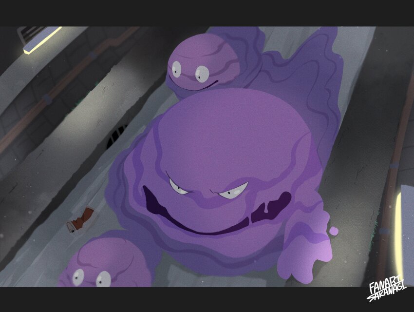 absurdres black_eyes can evolutionary_line from_above gen_1_pokemon grass grate grimer highres industrial_pipe light_bulb muk nintendo no_humans open_mouth pokemon pokemon_(creature) pokemon_focus sakanagi_(a_r_co) sewer sewer_grate slime_(creature) v-shaped_eyes water