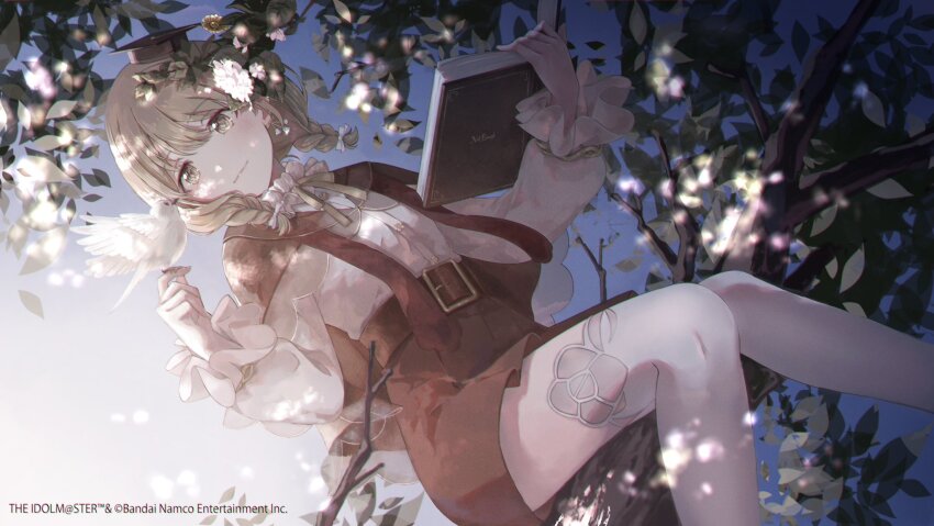 1girl belt bird bird_on_hand book bow braid branch brown_capelet brown_shorts capelet contest_winner copyright_name dappled_sunlight dawn day derivative_work dot_nose dove floral_print_thighhighs flower frilled_sleeves frills green_eyes green_hair hair_bow hair_flower hair_ornament highres holding holding_book idolmaster idolmaster_shiny_colors in_tree jade_oo leaf long_sleeves looking_at_animal nanakusa_nichika nature neck_ribbon official_alternate_costume official_alternate_hairstyle official_art outdoors plant ribbon shade short_hair shorts sitting smile solo sunlight swept_bangs thighhighs tree tree_shade twin_braids white_thighhighs