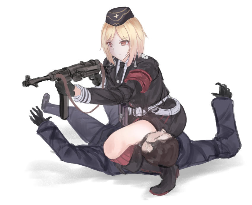 1boy 1girl armband black_boots black_gloves black_headwear black_jacket black_necktie blonde_hair boots brown_eyes close-quarters_combat closed_mouth commentary garrison_cap girl_on_top girls&#039;_frontline gloves gun hat headlock highres holding holding_gun holding_weapon jacket long_sleeves martinreaction military_uniform mp40 mp40_(girls&#039;_frontline) necktie red_armband red_socks serious shirt short_hair simple_background socks submachine_gun weapon white_background white_shirt