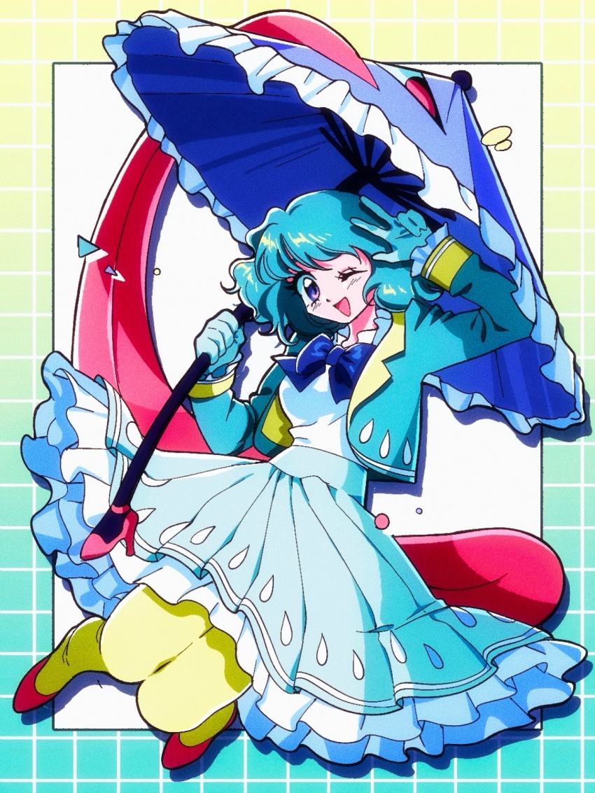 1girl alternate_costume arm_up blue_border blue_bow blue_bowtie blue_gloves blue_hair blue_jacket blue_shirt blue_skirt border bow bowtie commentary_request frilled_skirt frilled_umbrella frills gloves gradient_border green_wrist_cuffs grid_border high_heels highres holding holding_umbrella jacket karakasa_obake knees_together_feet_apart long_sleeves looking_at_viewer mememedama10 one_eye_closed open_mouth pink_shoes pleated_skirt purple_eyes purple_umbrella red_eyes red_shoes shirt shoes short_hair skirt smile solo tatara_kogasa tongue tongue_out touhou umbrella w water_drop_print white_background wrist_cuffs yellow_border yellow_leggings