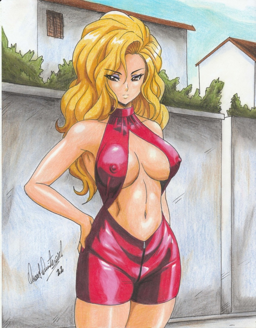 1girl 2022 blonde_hair bodysuit breasts breasts_apart brown_eyes center_opening cleavage clothing_cutout covered_erect_nipples dress dress_shorts eyeshadow golden_boy hand_on_own_hip highres house large_breasts long_hair looking_at_viewer makeup navel onna_shachou outdoors ravernclouk_design red_bodysuit red_dress red_nails revealing_clothes sleeveless sleeveless_bodysuit tight_clothes traditional_media wall