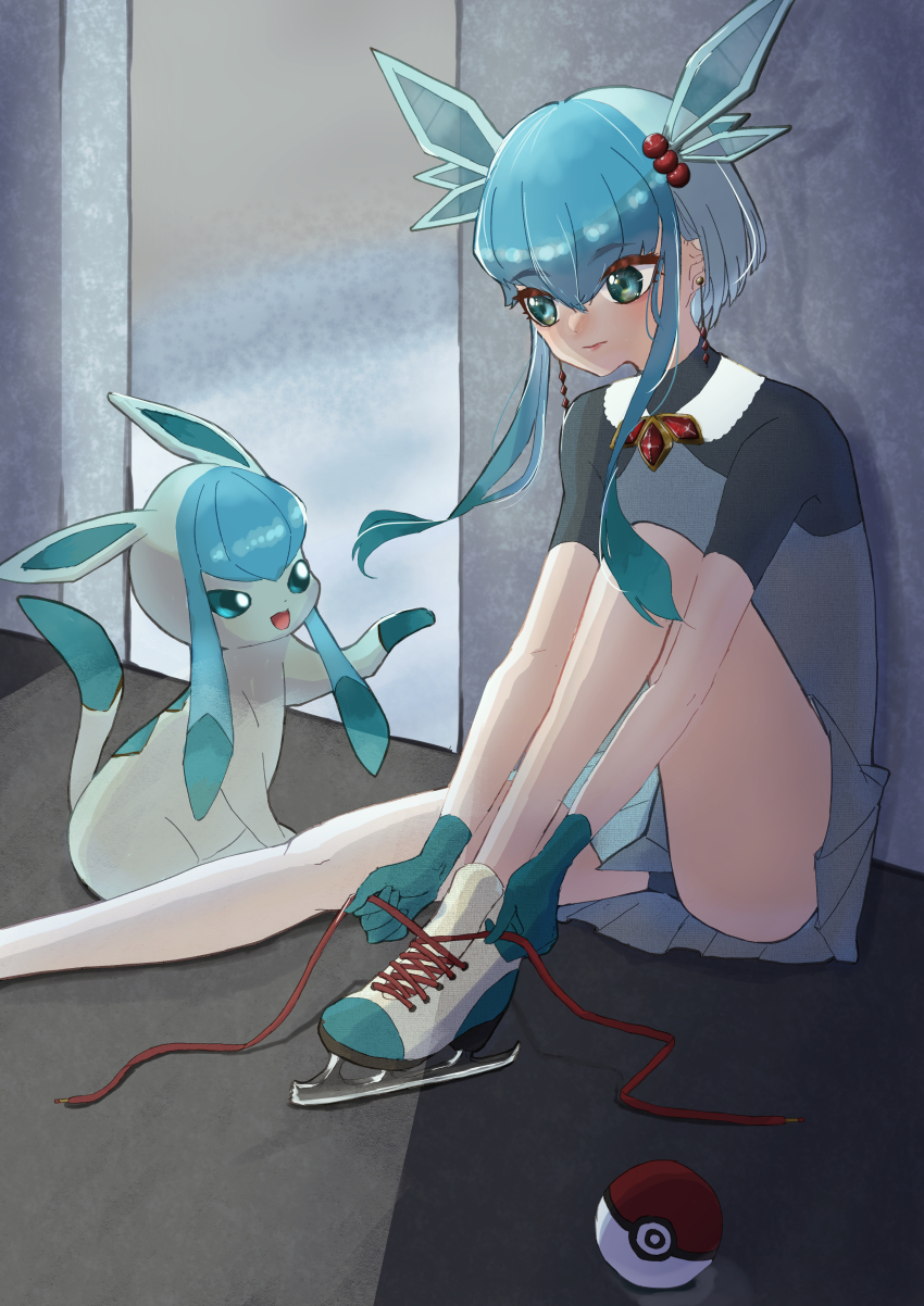 1girl absurdres blue_hair figure_skating gen_4_pokemon glaceon highres leotard leotard_peek nintendo personification poke_ball pokemon