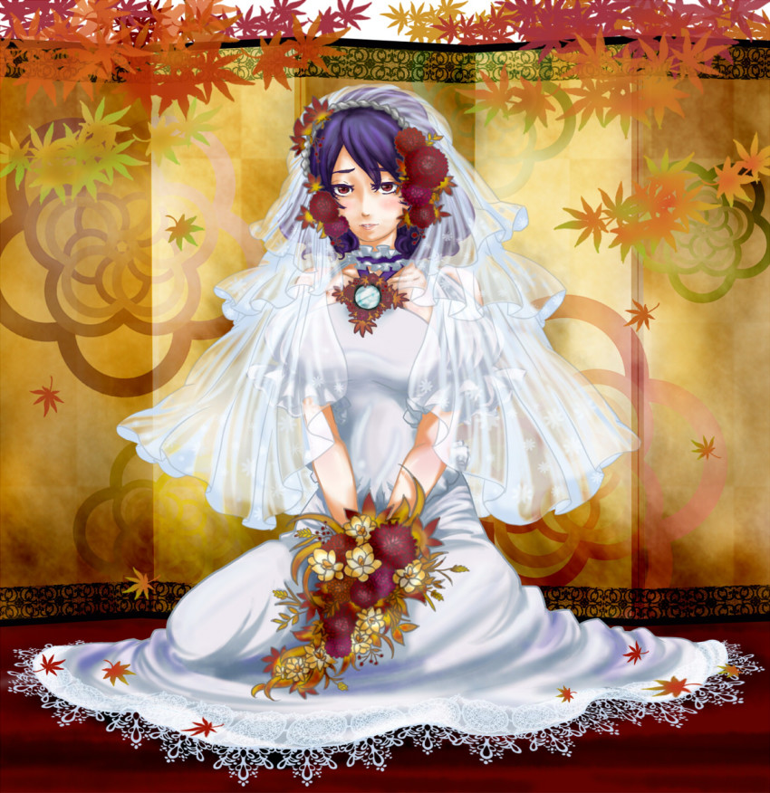 1girl bare_shoulders bouquet bridal_veil choker dress female_focus flower hair_flower hair_ornament highres kneeling leaf mabui purple_hair red_eyes short_hair solo touhou veil wedding_dress yasaka_kanako