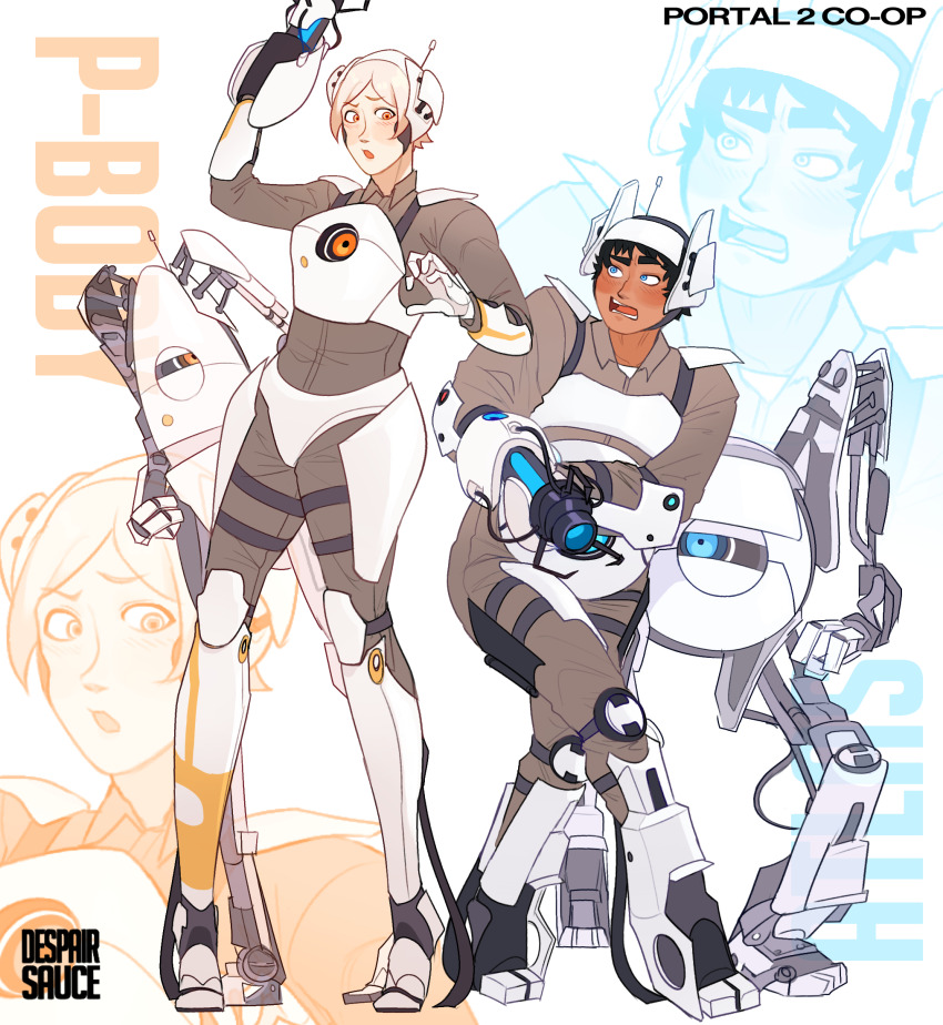 1boy 1girl antennae aperture_science_handheld_portal_device armor artist_name atlas_(portal) black_hair blonde_hair blue_eyes blush body_armor bodysuit breastplate brown_bodysuit collared_jumpsuit commentary commentary_request copyright_name dark-skinned_male dark_skin despair_sauce english_commentary english_text faulds greaves headgear highres knee_pads leaning_back looking_at_another mechanical_arms mechanical_legs object_and_personification orange_eyes p-body pale_skin personification portal portal_(series) portal_2 robot shoulder_armor thigh_strap white_background zoom_layer
