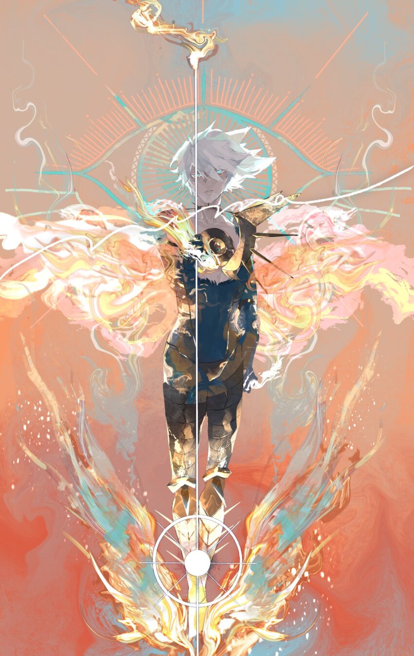 1boy armor armored_boots blue_eyes boots chest_jewel collar colored_skin eyeshadow fate/apocrypha fate/grand_order fate_(series) fire gauntlets gold gold_armor highres holding holding_weapon karna_(fate) makeup male_focus masuo1992 noble_phantasm_(fate) pale_skin polearm red_eyeshadow serious shoulder_armor spear spiked_collar spiked_hair spikes vasavi_shakti_(fate) weapon white_hair white_skin