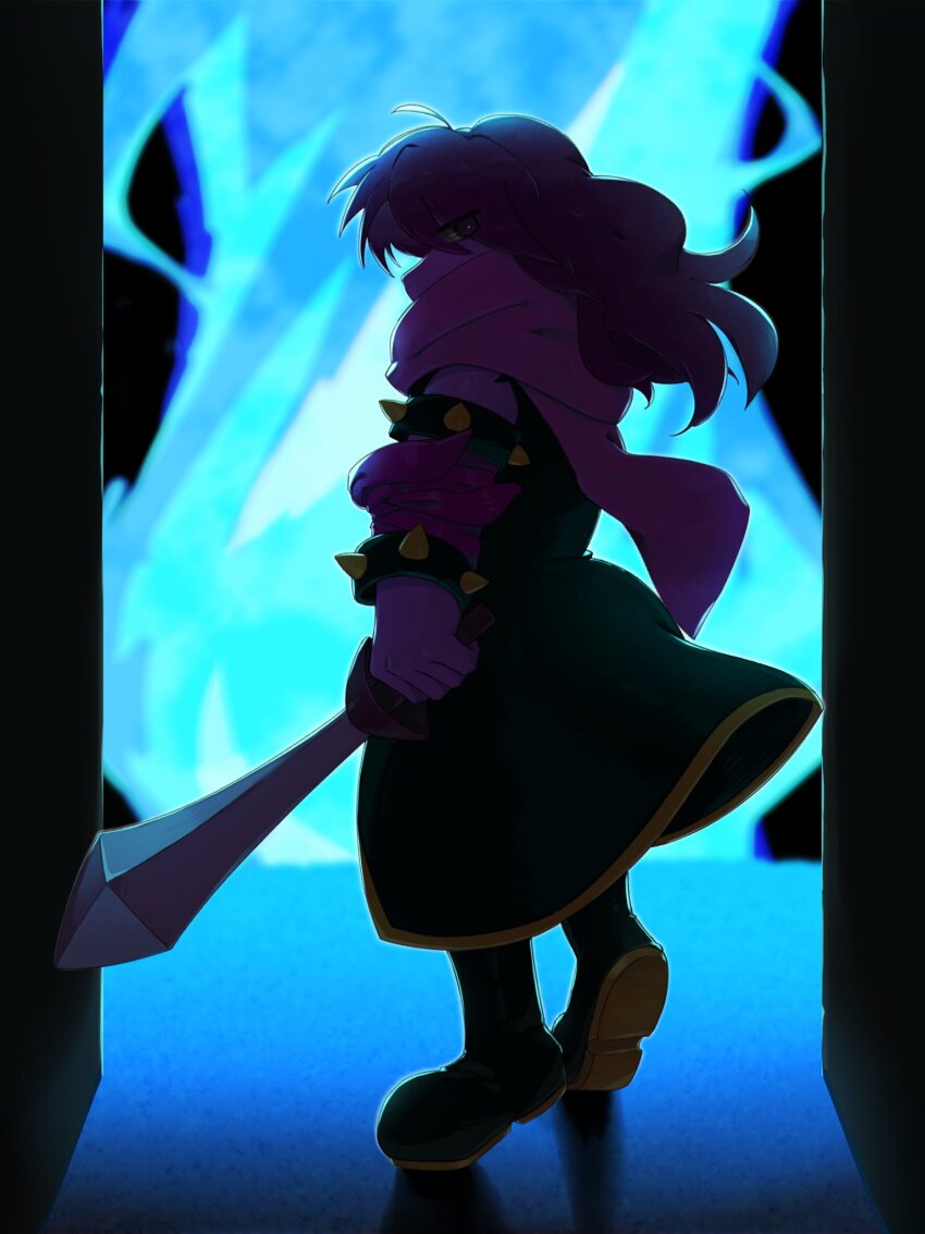 1girl adapted_costume ahoge alternate_universe black_boots black_border black_coat black_eyes blue_fire boots border bracelet coat colored_sclera colored_skin commentary deltarune don_omuretsu english_commentary expressionless fire full_body hair_between_eyes highres holding holding_sword holding_weapon jewelry long_hair looking_at_viewer monster_girl pillarboxed pink_scarf pink_skin purple_hair scarf shadow sleeveless sleeveless_coat snout solo spiked_arm spiked_bracelet spikes standing susie_(dark_world)_(deltarune) susie_(deltarune) sword weapon yellow_sclera