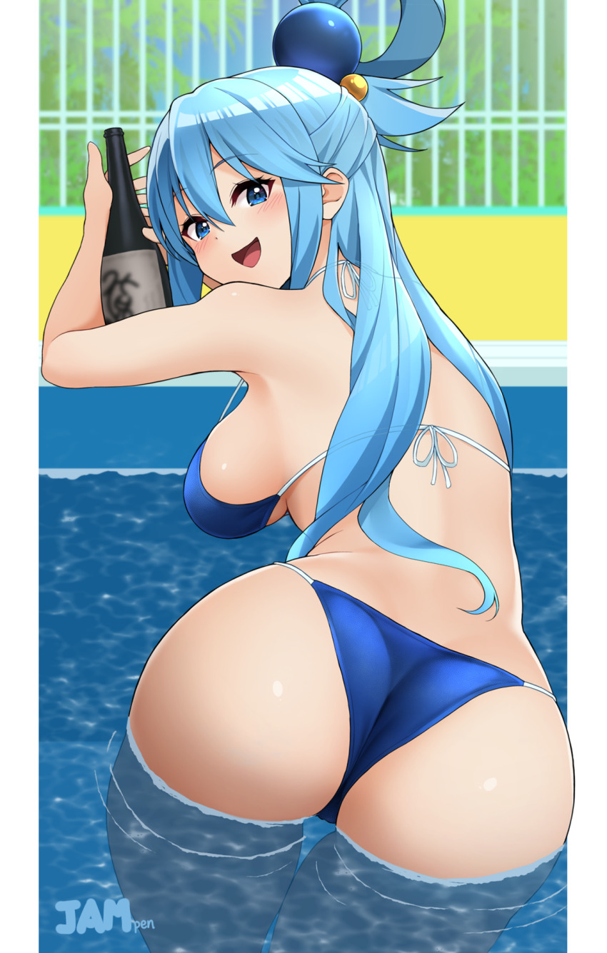 1girl aqua_(konosuba) ass bikini blue_bikini blue_eyes blue_hair blush bottle breasts hair_rings highres jampen kono_subarashii_sekai_ni_shukufuku_wo! large_breasts long_hair looking_at_viewer looking_back open_mouth outdoors sake_bottle single_hair_ring smile solo swimsuit wading