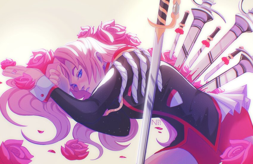 1girl aiguillette blood bloody_weapon blue_eyes commentary english_commentary epaulettes flower halftone highres impaled jacket jewelry long_hair long_sleeves looking_at_viewer lying nolvini on_side open_mouth petals pink_flower pink_hair pink_rose rapier red_flower red_rose red_shorts ring rose rose_petals shorts shoujo_kakumei_utena signature solo spoilers stab sword sword_of_dios tenjou_utena weapon white_wrist_cuffs wrist_cuffs yellow_background