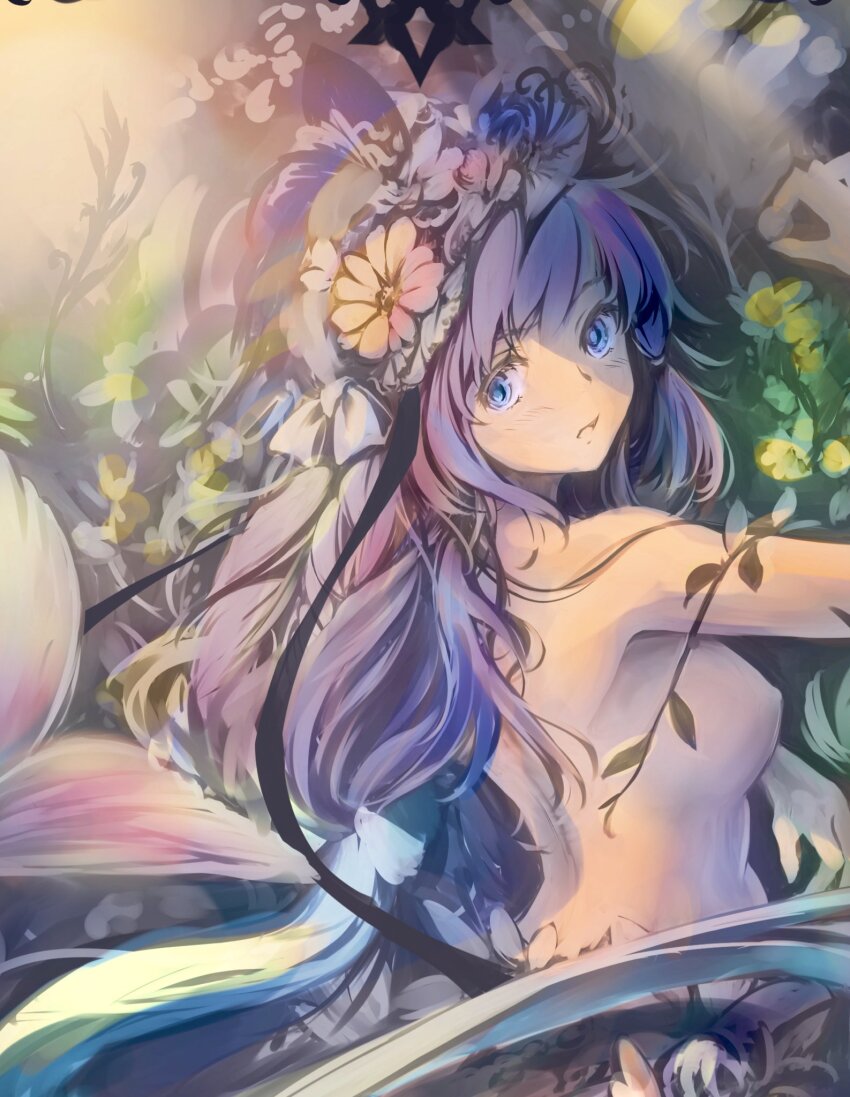 1girl bare_back blue_eyes breasts flower flower_on_head highres medium_breasts nude original purple_hair solo soraizumi