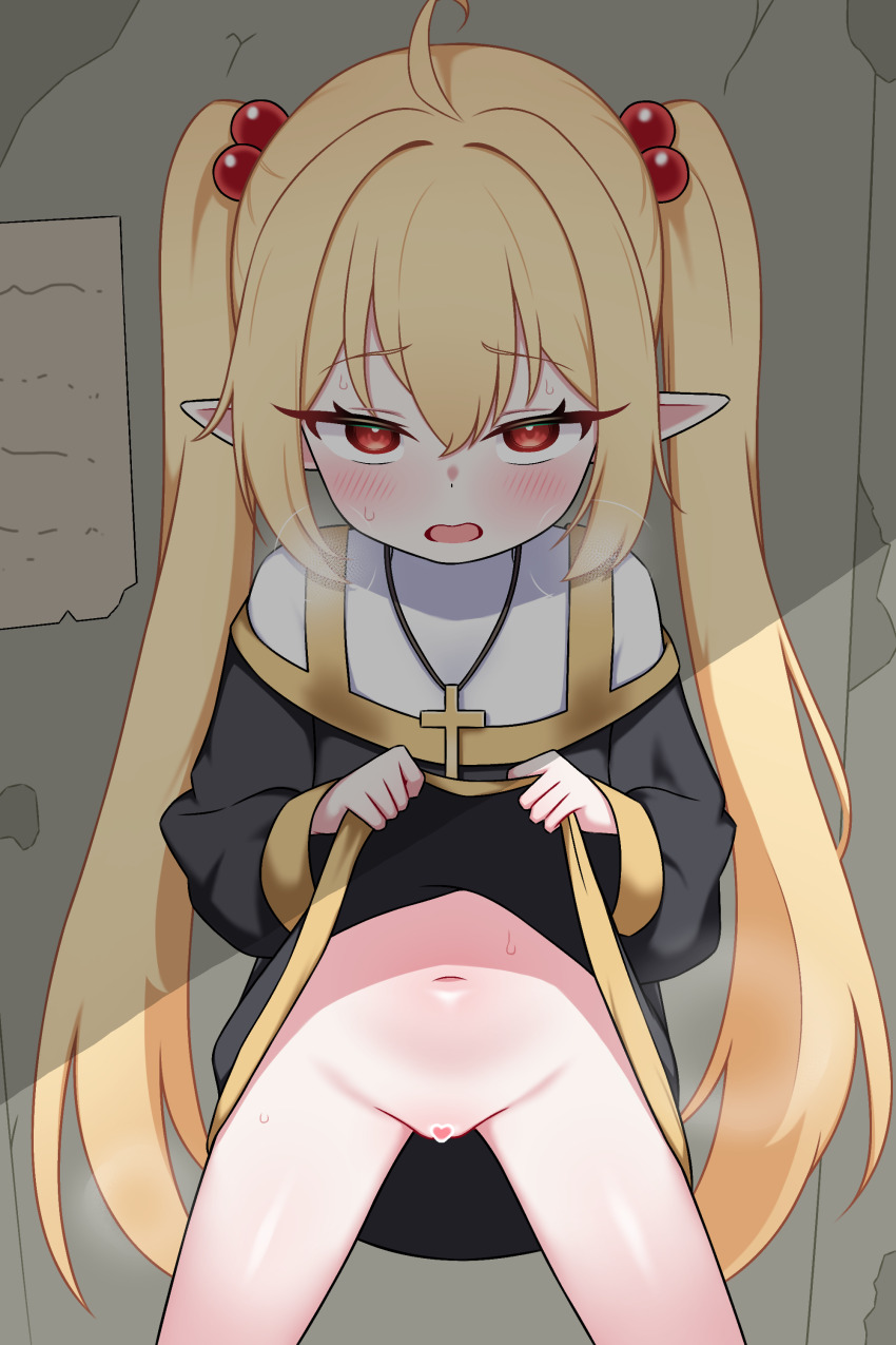 1girl absurdres ahoge blonde_hair blush censored clothes_lift commentary_request dress dress_lift hair_bobbles hair_ornament heart heart_censor highres korean_commentary lifting_own_clothes loli long_hair navel original pointy_ears red_eyes solo twintails zing_(z_z_zing)