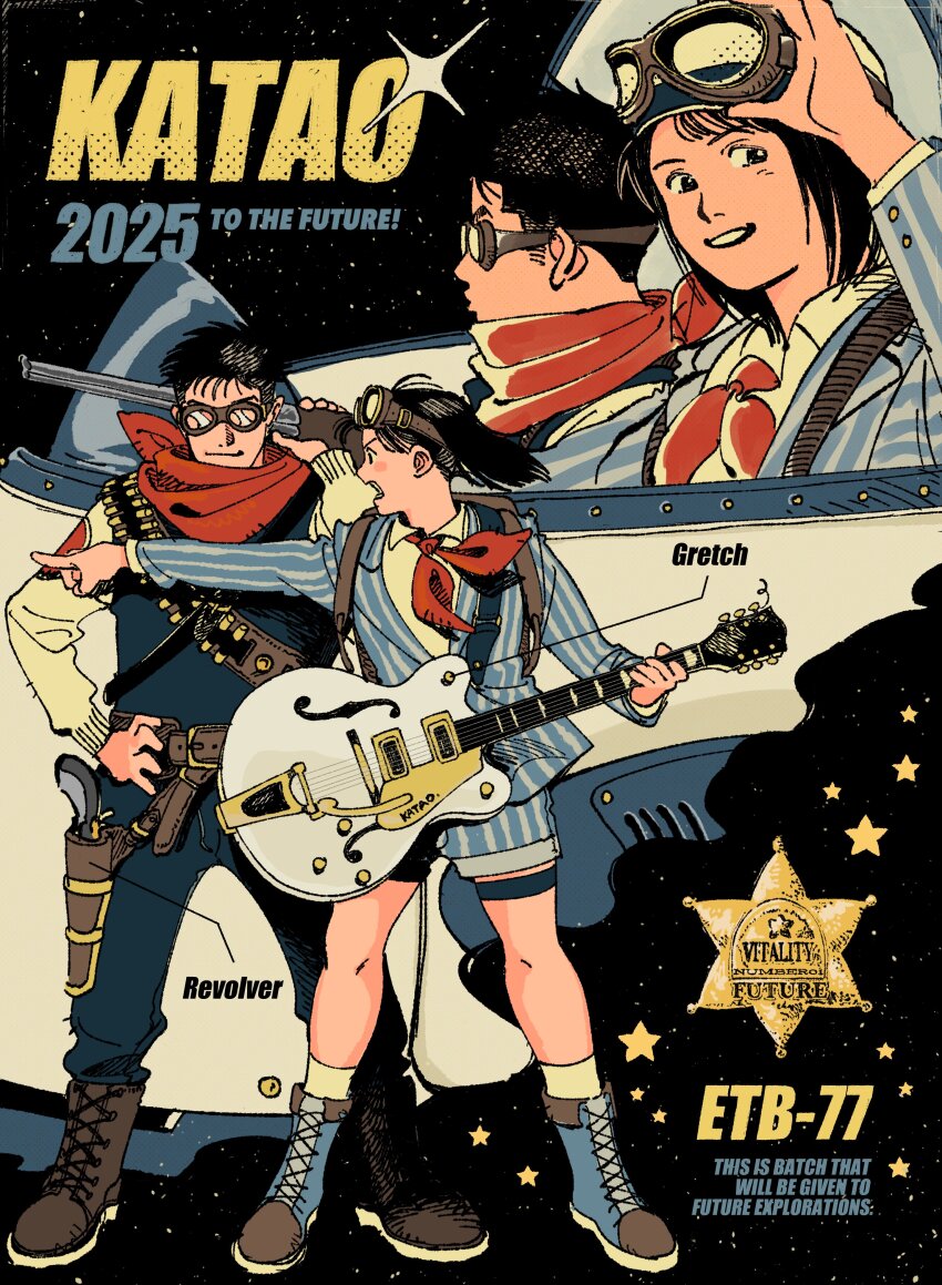 1boy 1girl absurdres adjusting_goggles bandana bandana_around_neck bandolier belt black_eyes black_hair blue_boots blue_jumpsuit boots brown_belt brown_boots collared_shirt cowboy_western driving english_text floating_hair full_body glint goggles goggles_on_head grin guitar gun hand_on_own_hip handgun highres holding holding_guitar holding_gun holding_instrument holding_weapon holstered instrument jumpsuit katao lace-up_boots legs_apart long_sleeves looking_at_viewer multiple_views neckerchief original over_shoulder pinstripe_jacket pinstripe_pattern pinstripe_shorts pointing red_bandana red_neckerchief revolver rifle sheriff_badge shirt short_hair smile standing thigh_strap very_short_hair weapon weapon_over_shoulder white_shirt