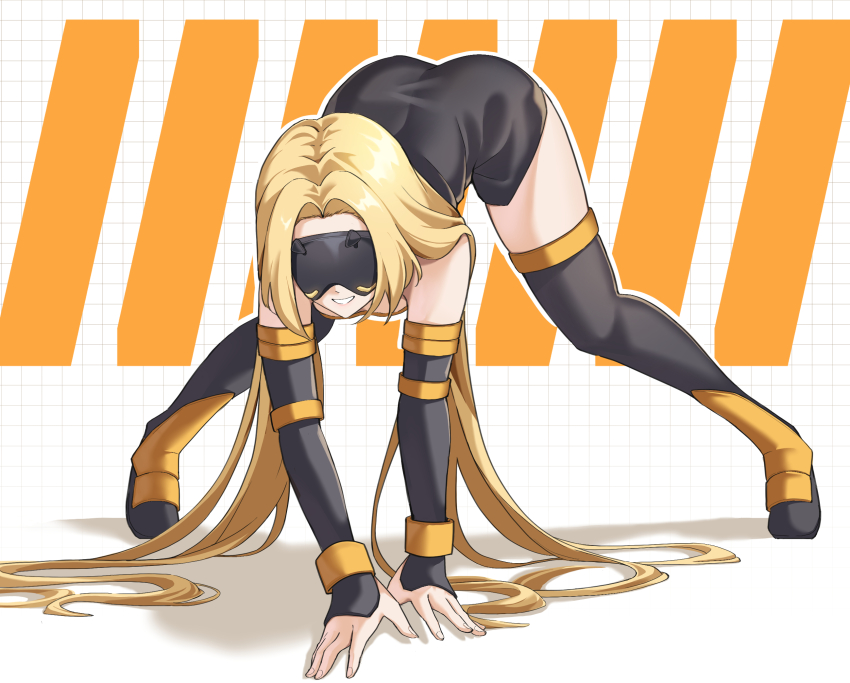 1girl all_fours ass black_boots black_dress blonde_hair boots commentary cosplay detached_sleeves dress eye_mask fate/stay_night fate_(series) highres long_hair medusa_(fate) medusa_(rider)_(fate) medusa_(rider)_(fate)_(cosplay) shibazakie smile solo thigh_boots trigger_(zenless_zone_zero) white_background zenless_zone_zero