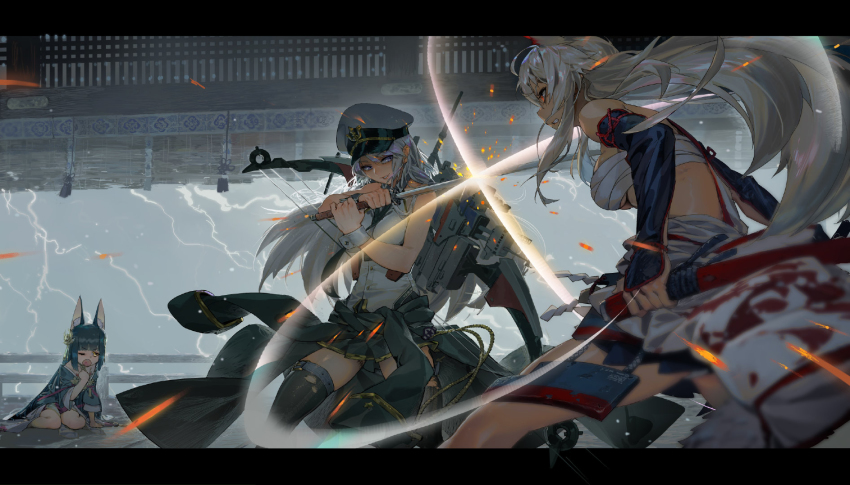 3girls animal_ears armor azur_lane black_hair black_thighhighs blurry blurry_foreground breasts budget_sarashi clash clenched_teeth clothes_around_waist depth_of_field elbow_gloves enterprise_(azur_lane) fingerless_gloves gloves hadanugi_dousa han-0v0 hat highres hyuuga_(azur_lane) jacket jacket_around_waist japanese_armor japanese_clothes katana kimono kusazuri letterboxed lightning long_hair medium_breasts military_hat multiple_girls nagato_(azur_lane) necktie open_clothes open_kimono panties parted_lips pleated_skirt profile purple_eyes red_eyes rigging sarashi sekiro:_shadows_die_twice sheath shirt shoulder_armor sidelocks silver_hair sitting skirt sleeveless sleeveless_shirt smile sode sword teeth thighhighs underboob underwear wariza weapon white_panties wrist_cuffs zettai_ryouiki