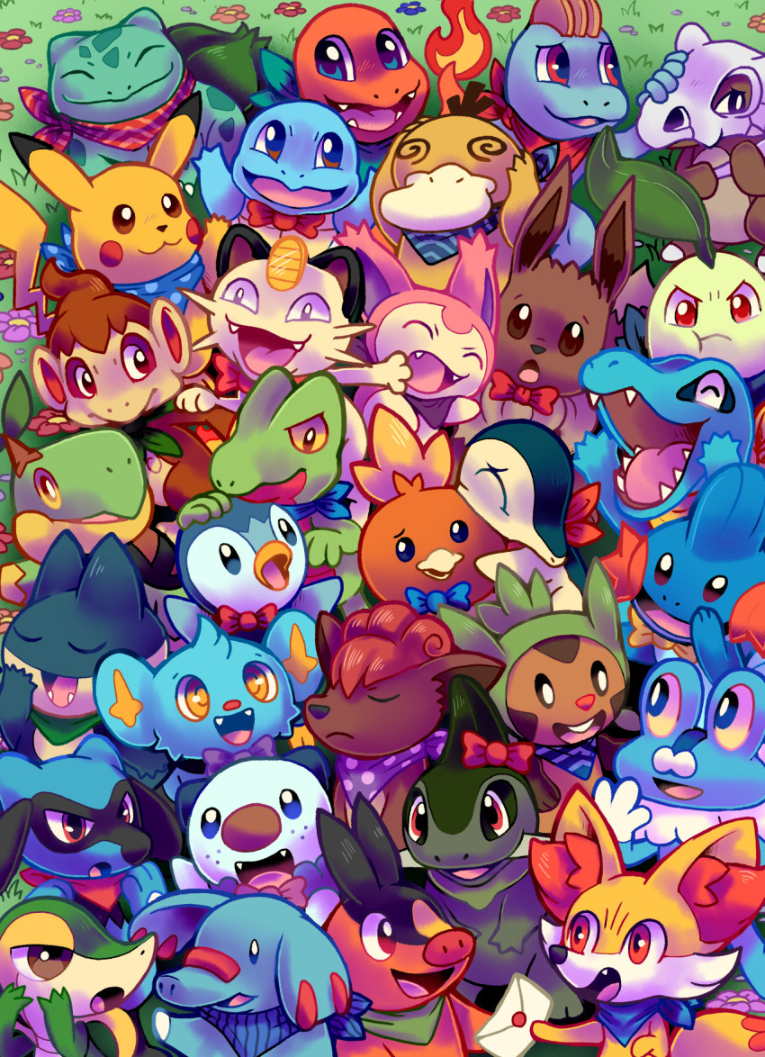 axew azurityarts blue_eyes bow brown_eyes bulbasaur charmander chespin chikorita chimchar closed_eyes closed_mouth colored_sclera cubone cyndaquil eevee fang fennekin flower freckles froakie game_freak gen_1_pokemon gen_2_pokemon gen_3_pokemon gen_4_pokemon gen_5_pokemon gen_6_pokemon grass highres letter machop mask meowth mudkip munchlax nintendo no_humans open_mouth orange_eyes oshawott phanpy pikachu piplup pokemon pokemon_mystery_dungeon psyduck red_eyes riolu shinx skitty skull_mask smile snivy squirtle tepig torchic totodile treecko turtwig vulpix whiskers yellow_eyes yellow_sclera