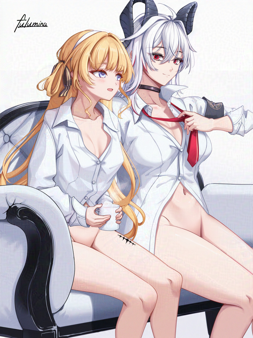 2girls adversarial_noise armband black_armband black_bow black_choker black_horns blonde_hair blue_eyes bottomless bow breasts choker closed_mouth clothes_grab collarbone collared_shirt commentary_request couch cup curled_horns feet_out_of_frame hair_between_eyes hair_bow highres holding holding_cup horns large_breasts light_blush long_hair looking_at_another medium_breasts multiple_girls naked_shirt necktie necktie_grab neckwear_grab no_num21 on_couch paid_reward_available partially_unbuttoned phoebe_(wuthering_waves) red_eyes red_necktie shirt signature sitting smile striped_bow tacet_mark_(wuthering_waves) very_long_hair white_shirt wuthering_waves zani_(wuthering_waves)