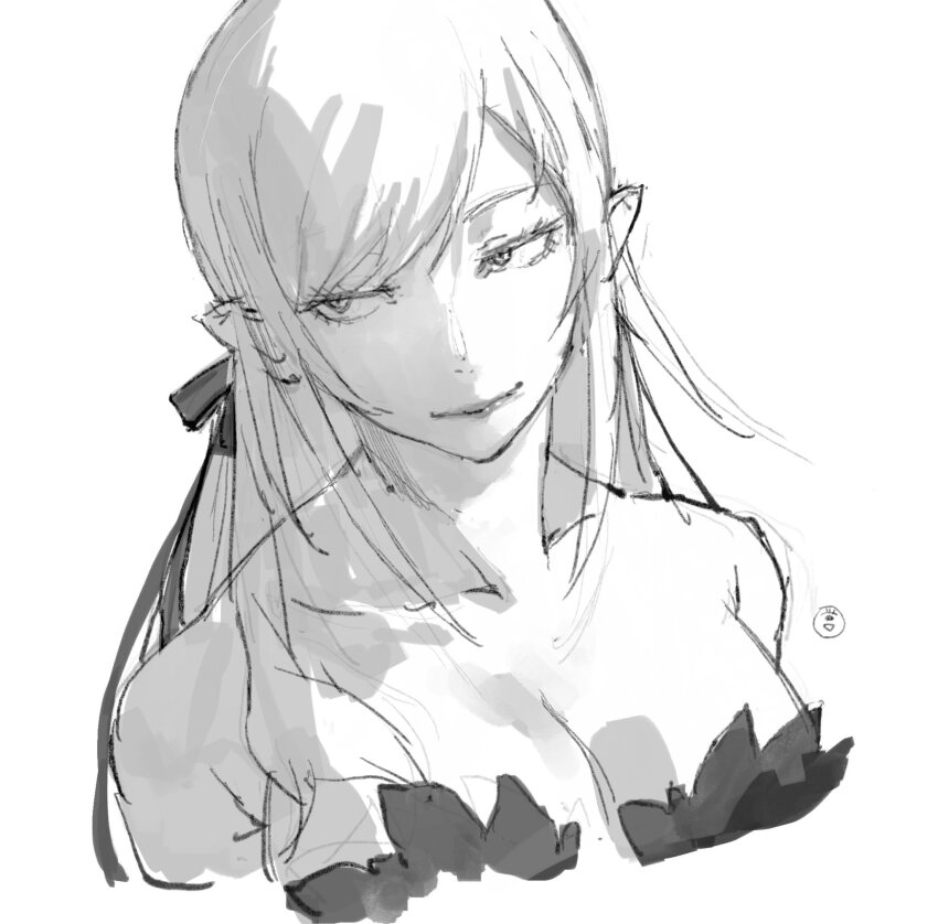 1girl artist_logo bare_shoulders breasts cleavage dress feather-trimmed_dress feather_trim hair_ribbon highres kiss-shot_acerola-orion_heart-under-blade kizumonogatari large_breasts logo long_hair monochrome monogatari_(series) oshino_shinobu pointy_ears ribbon simple_background smile solo strapless strapless_dress taki_(a313131333) vampire very_long_hair white_background