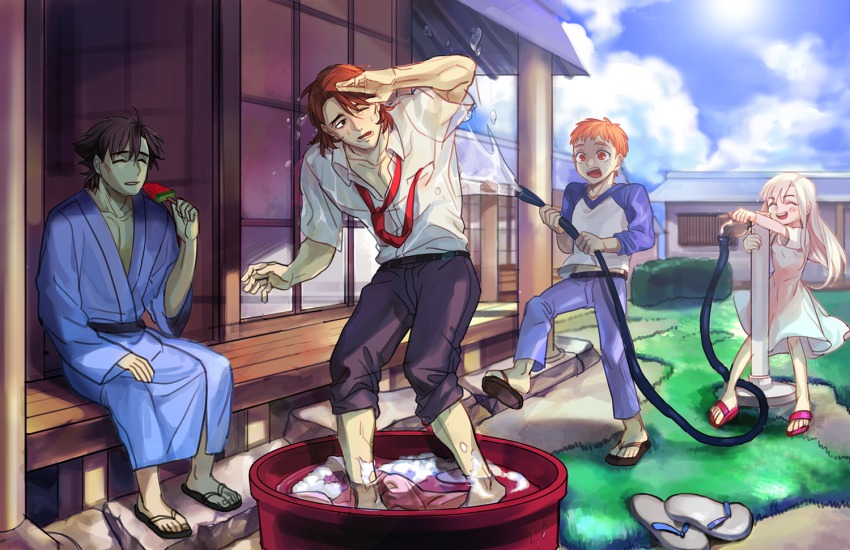 1girl 3boys bad_id bad_pixiv_id brown_hair emiya_kiritsugu emiya_shirou family fate/stay_night fate/tiger_colosseum fate_(series) hose illyasviel_von_einzbern japanese_clothes kimono kotomine_kirei laundry multiple_boys necktie red_hair samel10 sandals soaking_feet ssam_(samel10) summer white_hair