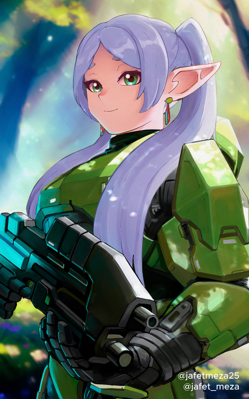 1girl armor artist_name assault_rifle blurry blurry_background bullpup commentary earrings english_commentary floating_earrings frieren green_eyes gun hair_over_shoulder halo:_combat_evolved halo_(series) highres holding holding_weapon jafet_meza jewelry long_hair looking_at_viewer ma5 parted_bangs power_armor rifle smile solo sousou_no_frieren spartan_(halo) thick_eyebrows twintails twitter_username weapon white_hair