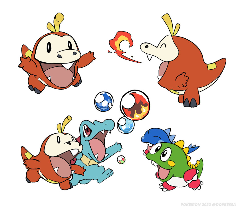 :d bob_(bubble_bobble) breath_weapon breathing_fire bub_(bubble_bobble) bubble bubble_bobble copyright_name do9bessa fangs fire fuecoco gen_2_pokemon highres look-alike multiple_views nintendo no_humans open_mouth pokemon pokemon_(creature) red_eyes simple_background smile totodile white_background