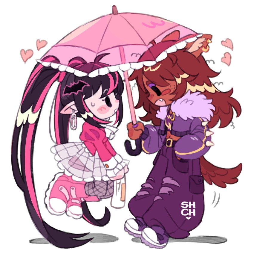 2girls absurdly_long_hair ahoge animal_ear_piercing animal_ears ascot bag baggy_pants bat_hair_ornament belt black_belt black_eyes black_hair boots brown_tail clawdeen_wolf colored_skin commentary cropped_jacket dark-skinned_female dark_skin deformed draculaura earrings eye_contact eyeshadow face-to-face fang fishnet_pantyhose fishnets floating freckles frilled_skirt frilled_sleeves frilled_umbrella frills from_side full_body fur_hood grocery_bag hair_ornament heart highres holding holding_bag holding_umbrella hood hood_down hooded_jacket interracial jacket jewelry knee_boots long_hair looking_at_another makeup medium_skirt midriff monster_high monster_high_(g1) multicolored_hair multiple_girls nail_polish navel open_mouth pants pantyhose pink_boots pink_hair pink_shirt pink_skin pink_umbrella plaid_clothes plaid_skirt profile puff_and_slash_sleeves puffy_sleeves purple_eyeshadow purple_nails purple_pants purple_shoes shadow sharpycharot shirt shoes shopping_bag sidelocks simple_background skirt solid_oval_eyes spiked_sleeves standing streaked_hair sweatdrop symbol-only_commentary tail twintails two-tone_hair umbrella very_long_hair white_ascot white_background white_skirt white_sleeve_cuffs wolf_ears wolf_girl wolf_tail yuri