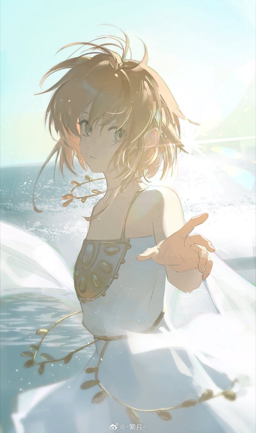 1girl artist_name backlighting bare_shoulders blue_sky blurry brown_hair day dress expressionless floating_hair from_side gold_necklace green_eyes hair_intakes hand_up highres jewelry looking_at_viewer looking_back necklace ocean outdoors parted_lips sakura_hime short_hair sky sleeveless sleeveless_dress solo spaghetti_strap sunlight tsubasa_chronicle watermark weibo_watermark white_dress yuefanfan