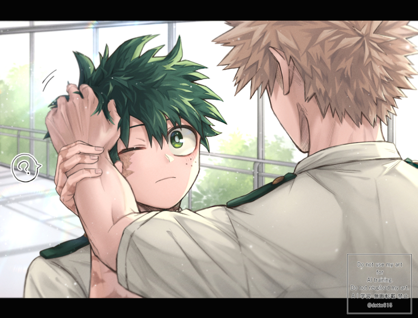 2boys ? artist_name bakugou_katsuki blonde_hair bloom blush boku_no_hero_academia closed_mouth collared_shirt commentary_request day facing_away freckles from_behind green_eyes green_hair hair_between_eyes hallway hand_on_another&#039;s_head hand_up ho_(dotto615) holding_another&#039;s_wrist indoors letterboxed light_particles looking_at_another male_focus midoriya_izuku multiple_boys one_eye_closed railing scar scar_on_face school_uniform shirt short_hair short_sleeves speech_bubble spiked_hair spoken_question_mark tree twitter_username u.a._school_uniform upper_body watermark white_shirt window