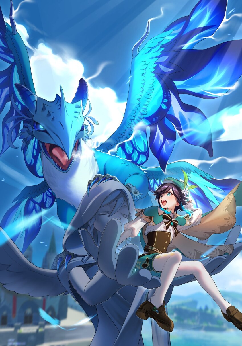 1boy aqua_eyes arm_up bard beret black_hair blue_eyes blue_hair blurry blurry_background bow braid cape cathedral claws cliff closed_eyes cloud collared_cape commentary_request corset day dragon dvalin_(genshin_impact) flower gem genshin_impact gradient_hair green_cape green_hat green_shorts hat hat_flower high_heels highres hill hood hood_up juliet_sleeves long_sleeves mondstadt_city multicolored_hair open_mouth outdoors outstretched_hand pantyhose puffy_sleeves sabuo short_hair_with_long_locks shorts side_braids sitting sky statue twin_braids venti_(genshin_impact) water white_pantyhose wings