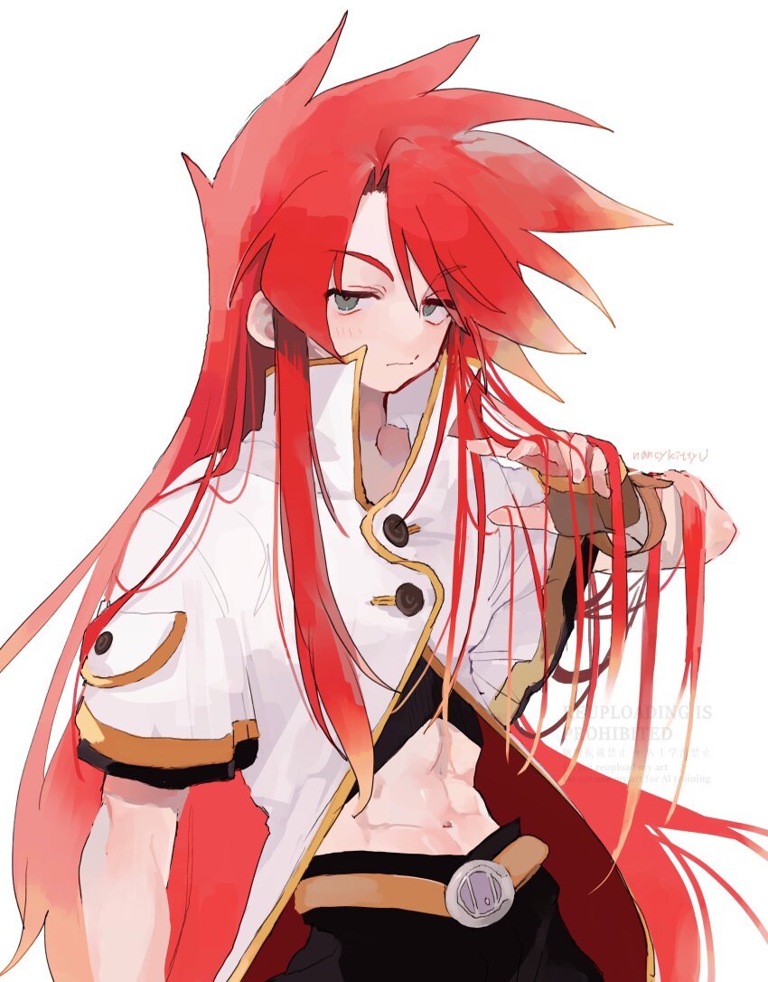 1boy abs absurdres arm_up black_pants closed_mouth commentary_request grey_eyes highres jacket long_hair looking_at_viewer luke_fon_fabre male_focus nancykittyu pants red_hair simple_background solo standing tales_of_(series) tales_of_the_abyss unamused very_long_hair white_background white_jacket yellow_trim