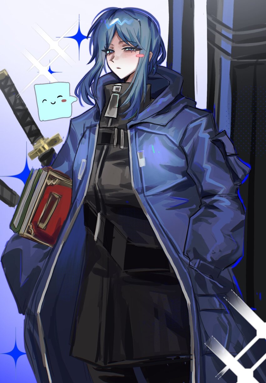 1girl bari_(project_moon) black_jacket blue_coat blue_eyes blue_hair blush_stickers book closed_mouth coat fanmaiji1101 hands_in_pockets highres holding holding_book jacket limbus_company looking_at_viewer project_moon short_hair_with_long_locks solo sparkle speech_bubble sword weapon