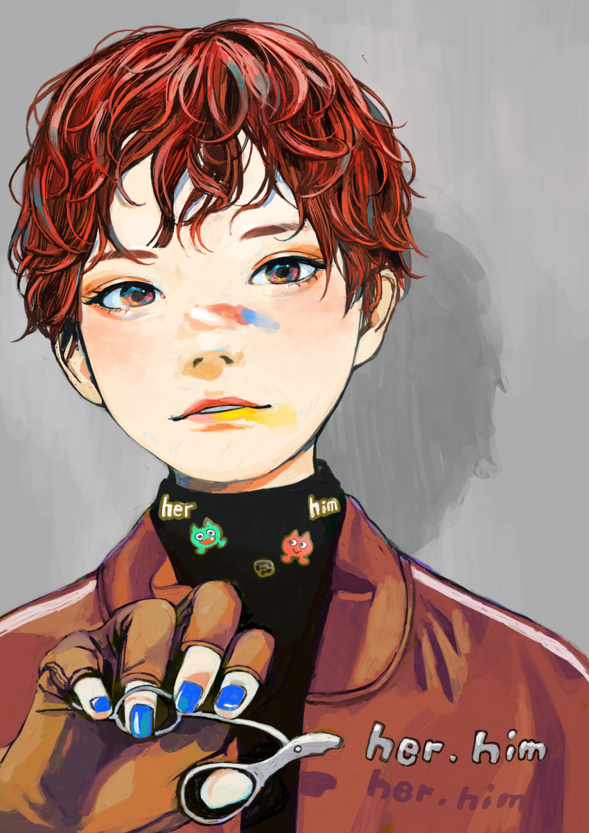 absurdres blue_nails eyeshadow fingerless_gloves gloves grey_background hand_up highres holding jacket junjunforever looking_at_viewer makeup multicolored_eyes nail_polish original paint_splatter paint_splatter_on_face parted_lips pink_eyes pixie_cut portrait red_hair short_hair solo turtleneck very_short_hair wavy_hair
