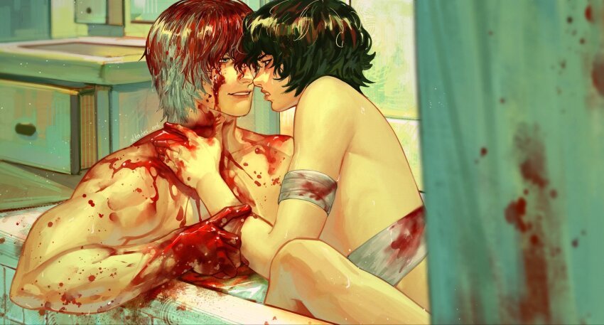 1boy 1girl altades_art bandages bathtub black_hair blood blood_on_body blood_on_face bloody_bandages dante_(devil_may_cry) devil_may_cry_(series) highres in_bathtub lady_(devil_may_cry) nude parted_lips signature sink smile white_hair
