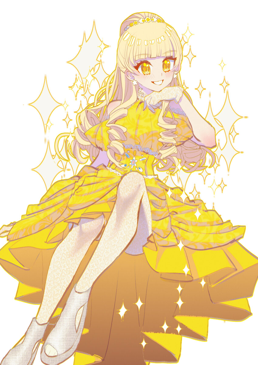 1girl absurdres bare_shoulders blonde_hair blunt_bangs clothing_cutout commentary dress earrings eyelashes floral_print flower flower_earrings flower_hairband foot_out_of_frame frilled_dress frills gloves grin hair_bun hairband hand_on_own_chin highres himeno_ran jewelry knee_up knees lace lace-trimmed_corset lace_gloves light_blush long_hair medium_dress ohsama_sentai_king-ohger outline puffy_short_sleeves puffy_sleeves ringlets sandals shocho_(shaojiujiu) short_sleeves shoulder_cutout sidelocks simple_background single_hair_bun sitting smile solo sparkle super_sentai toes white_background white_flower white_gloves white_sandals yellow_corset yellow_dress yellow_eyes yellow_flower yellow_hairband yellow_outline