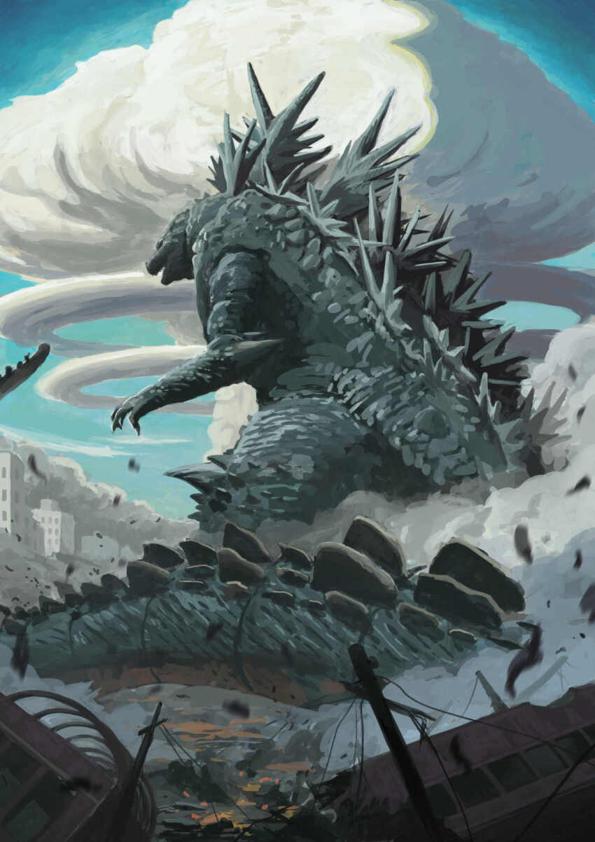 blue_sky building city claws day debris destruction dinosaur embers explosion from_behind giant giant_monster godzilla godzilla_(series) godzilla_minus_one highres kaiju monster mushroom_cloud no_humans nuclear_explosion open_mouth power_lines rad_(82122860) rubble sharp_teeth sky smoke spikes tail teeth toho